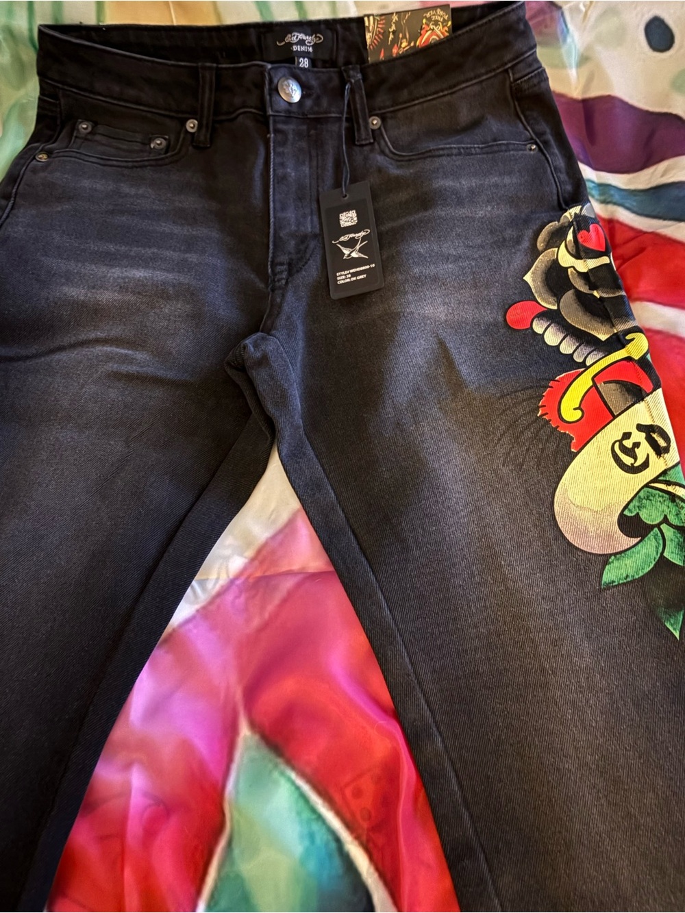 Ed Hardy Black Flared Jeans with Multicolor Tattoo Print